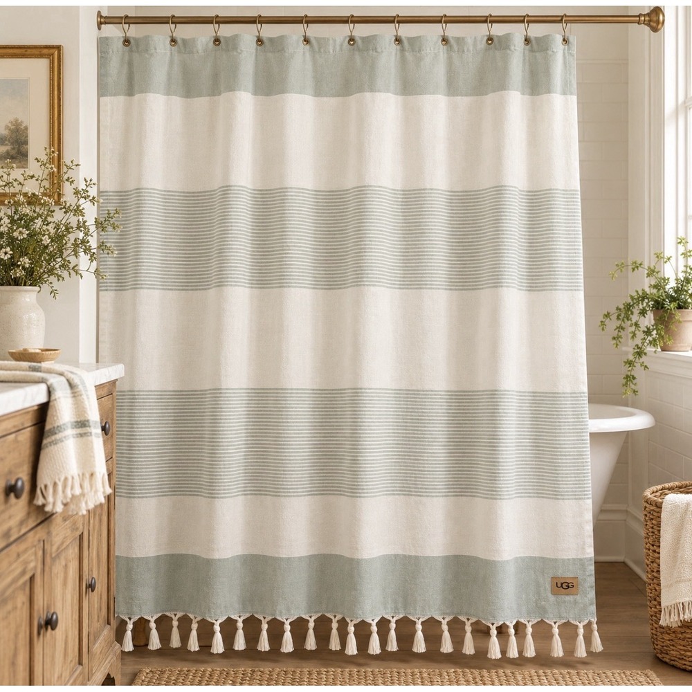 UGG Sage Green White Striped Cotton Shower Curtain Tassel Fringe 72x72 Coastal